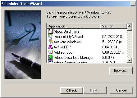 Scheduled task wizard program selection