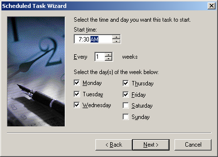 Note: This screen only appears when Weekly has been selected as the task frequency