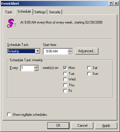 Scheduled task properties Schedule tab in Weekly mode