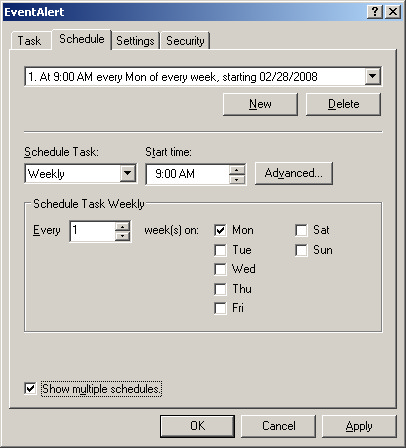 Scheduled task properties Schedule tab in multiple schedule mode