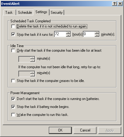 Scheduled task Settings tab