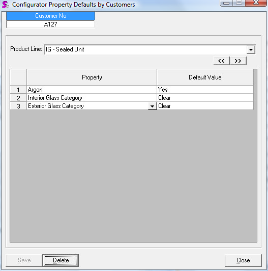 Cofigurator Property Defaults by Customer form shown with data