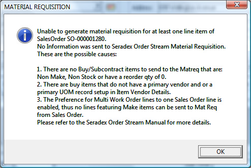 Modified prompt displayed when Mat Req Processing for multiple WO lines to one Sales Order line application preference is enabled