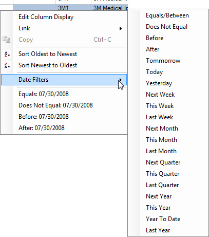 Date field right click menu with Date Filters option expanded