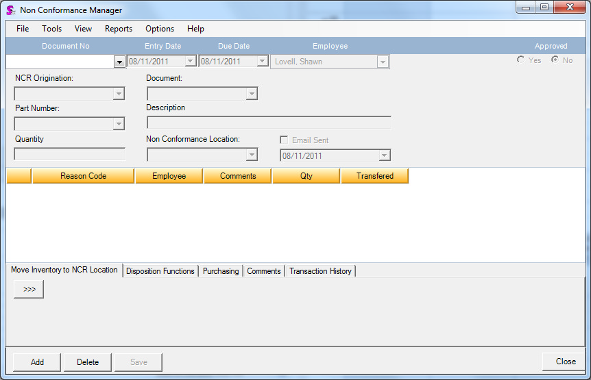 Non Conformance Manager module as seen after launch