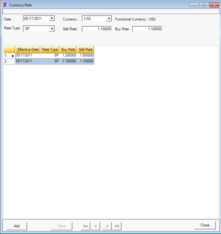 The example below shows a rate change on the same day from 1.2 to 1.1 on the buy rate and 1.5 to 1.1 on the sell rate