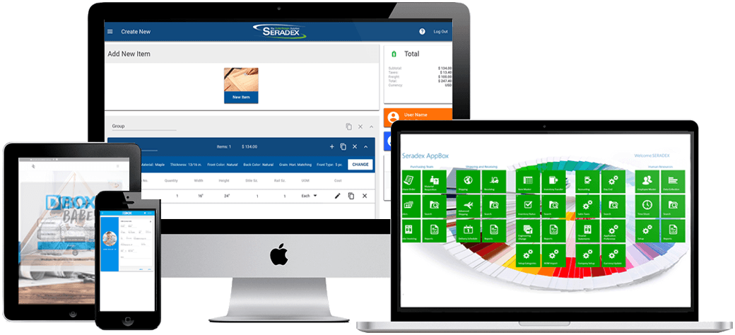 Image of a computer, tablet and phone displaying Seradex ERP software. 