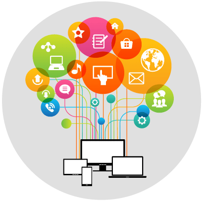 Image of computers and tablets connected to brightly coloured clouds with communication icons