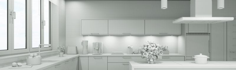 White CAD rendering of a kitchen with cabinets for cabinet manufacturers for CAD integration