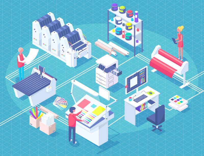 Printing House Illustration with different stations. Computer station with MIS software for Print