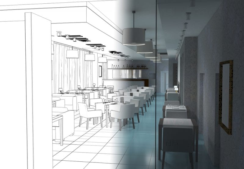 CAD rendering of a cafe with armchairs and a bar built with Millwork software