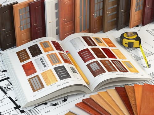 Catalogue of different types of doors, with different wood samples- Our software for door manufacturers has a power product configuration tool that gets rid of need for a book like this