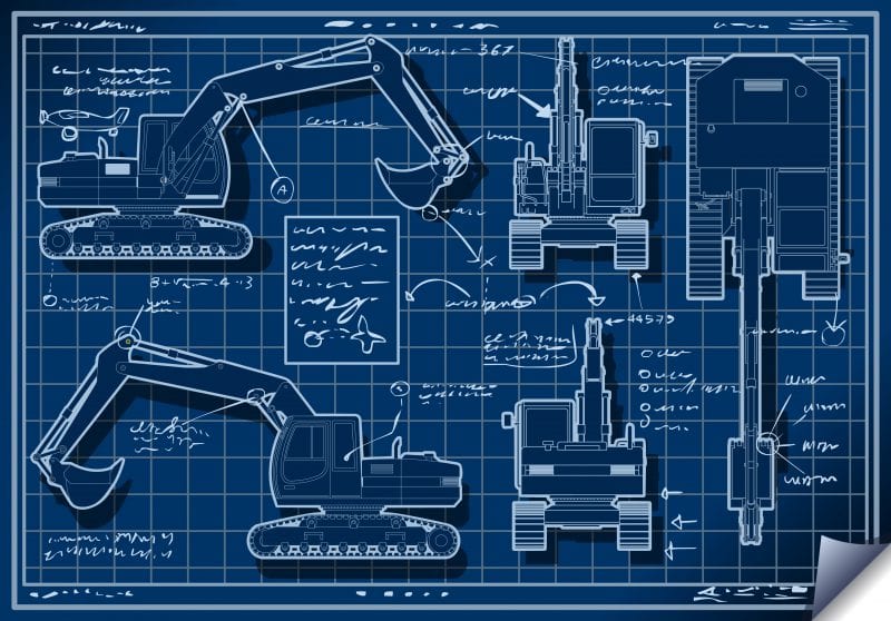 Detailed blueprints of a backhoe design, built by capital equipment manufacturers