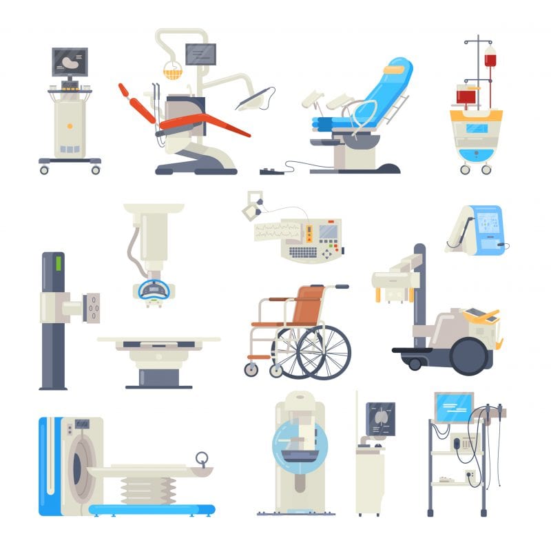 A collection of medical devices including MRI machines, wheelchair, etc. Our software for medical devices is flexible