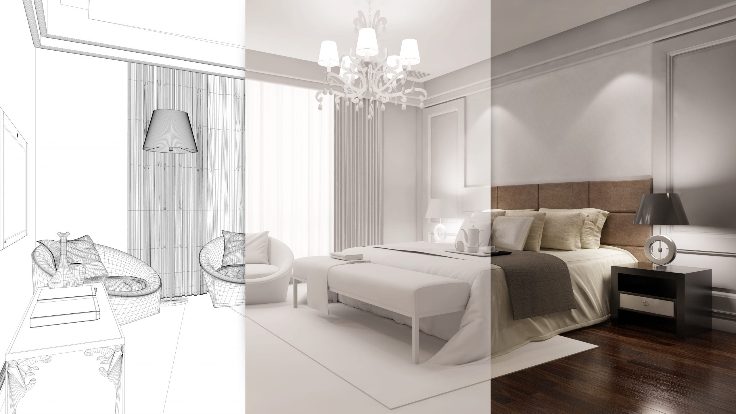 CAD and Design rendering of a hotel room.