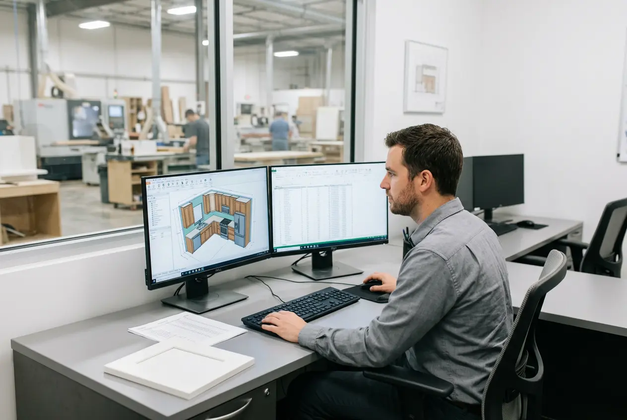 Engineer Designing Cabinets with ERP Production Planning Manufacturing engineer using dual monitors for cabinet design and production planning, with production floor in background. Seradex ERP.