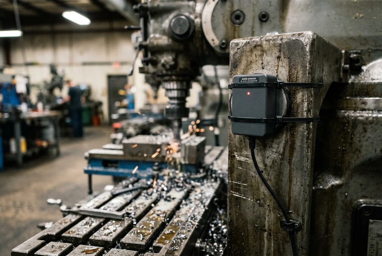 IoT sensor on CNC machine for production monitoring, enhancing manufacturing ERP with real-time data for Seradex MES.
