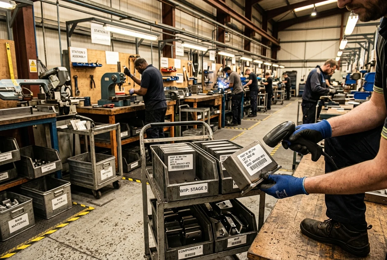 Worker scans a barcode on a metal part in an organized manufacturing facility, showcasing real-time inventory and production tracking with ERP software.