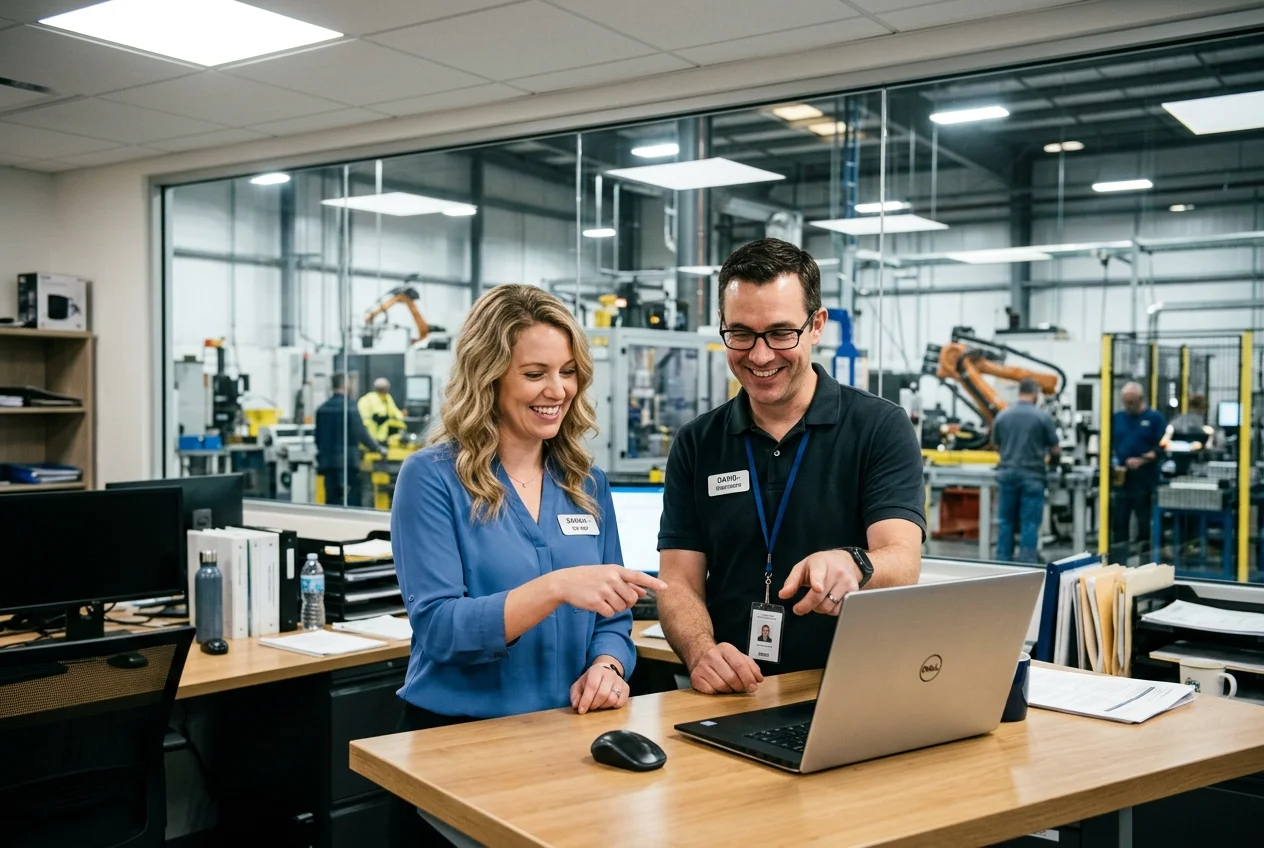 Customer service and engineer collaborating on a laptop in a modern manufacturing office with ERP software.