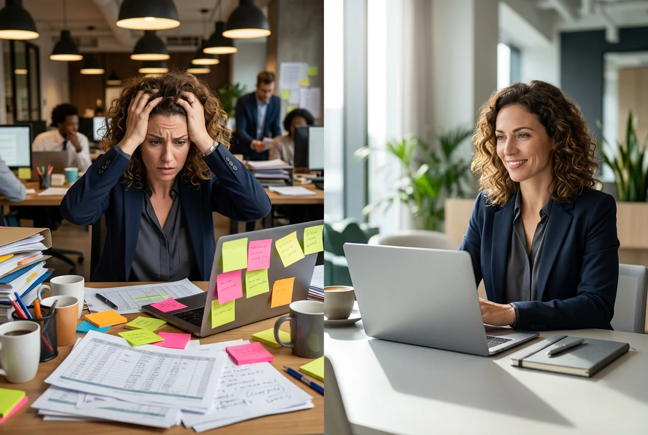 Before & after: Stressed manager overwhelmed by paperwork vs. happy, organized manager using manufacturing ERP software for streamlined production planning.