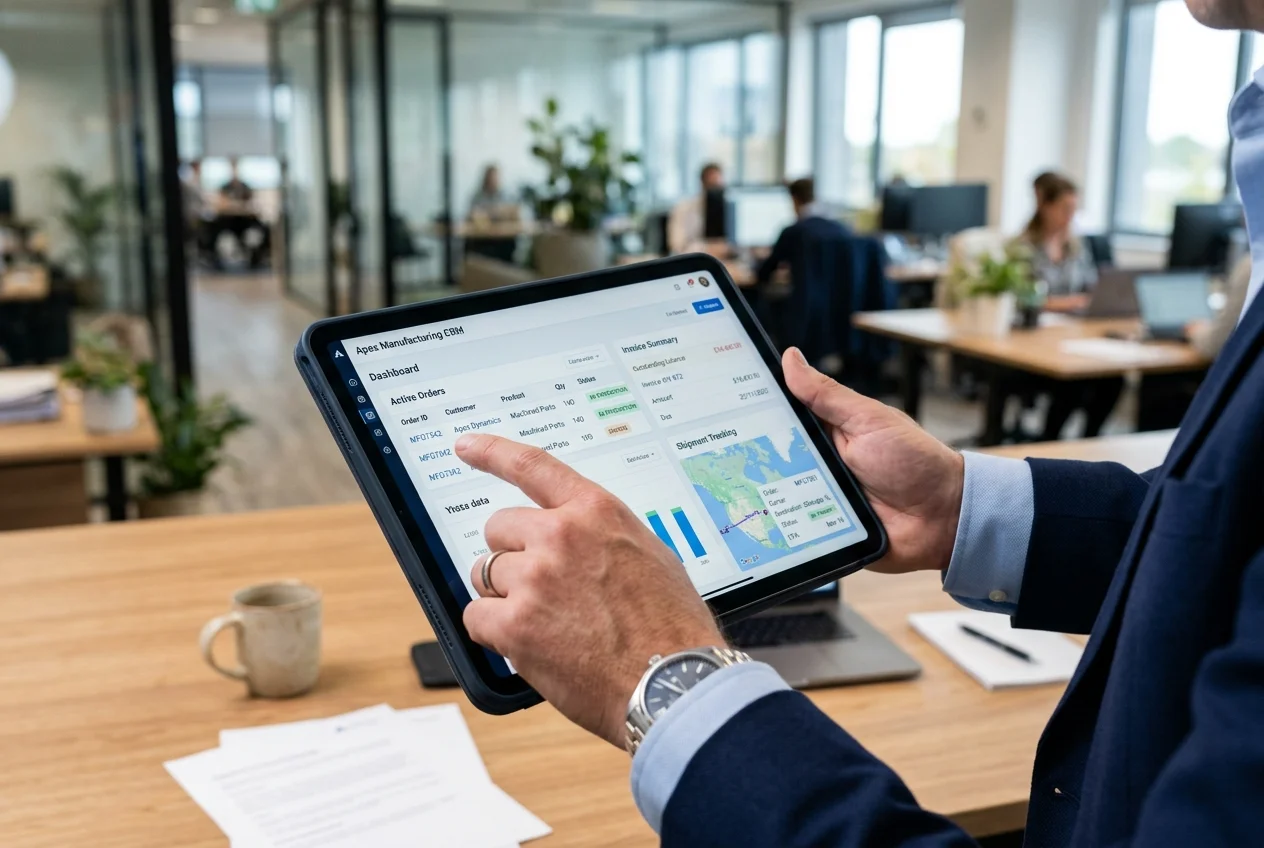 Professional uses a tablet displaying manufacturing ERP software with real-time customer orders, invoices, and shipment tracking.
