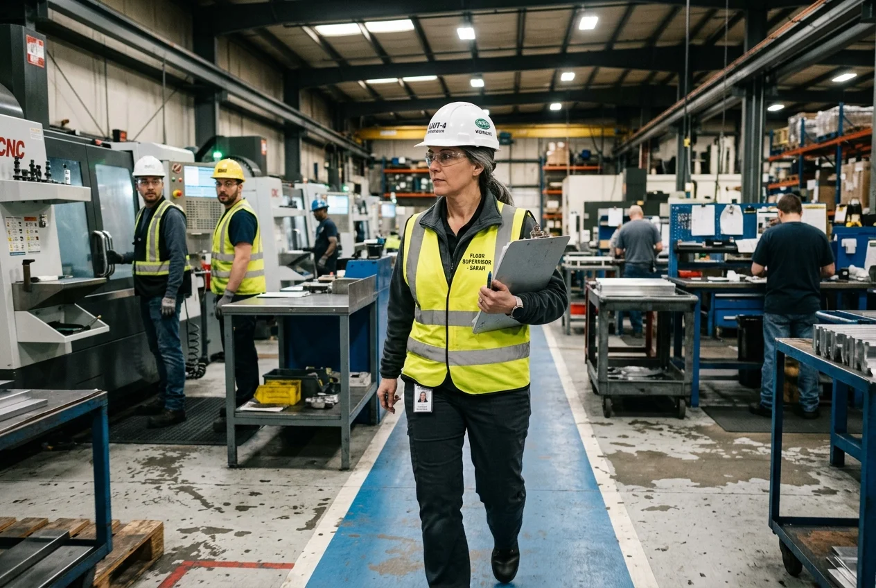 Female floor supervisor briskly walks across active manufacturing shop floor, holding clipboard. Her direct, focused expression indicates purposeful urgency, with workers in the background observing. An insightful visual of shop floor management and production planning challenges.