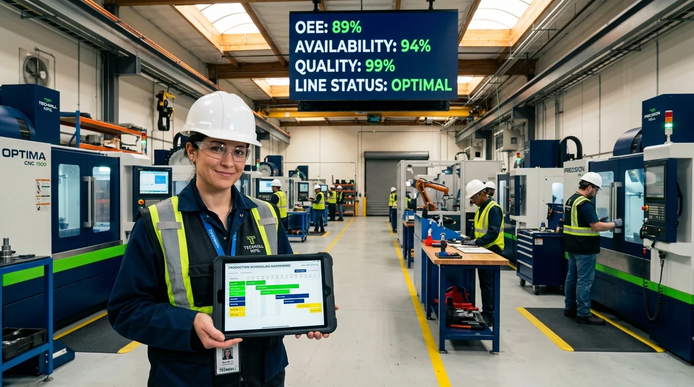 Plant manager displaying a production scheduling dashboard on a tablet in a modern manufacturing shop floor enabled by ERP software.
