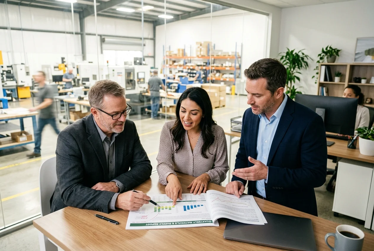 manufacturing-purchasing-team-erp-data Manufacturing team uses ERP data for purchasing decisions. Plant manager, purchasing coordinator, and business owner review reports.