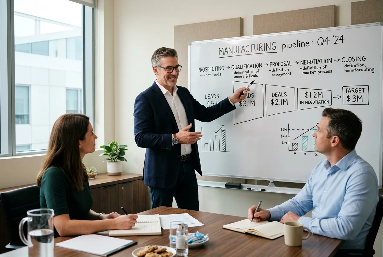 Sales director discusses manufacturing pipeline stages with colleagues during an important B2B meeting, optimizing production planning strategies.