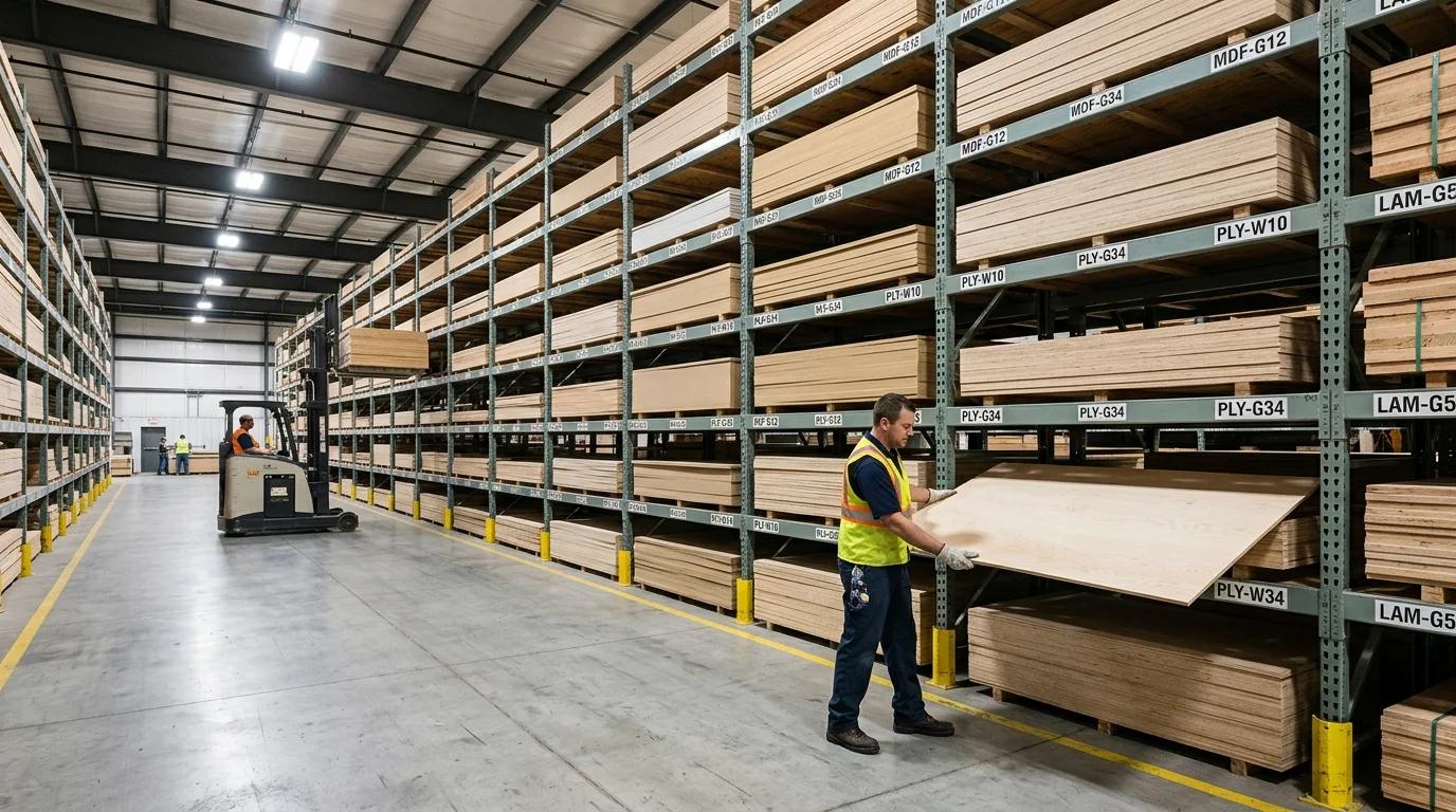 Efficient Manufacturing Warehouse: Material Storage & Flow Warehouse worker pulling sheet material from organized racks with visible bin labels, a forklift in the background, showcasing efficient material management in manufacturing.