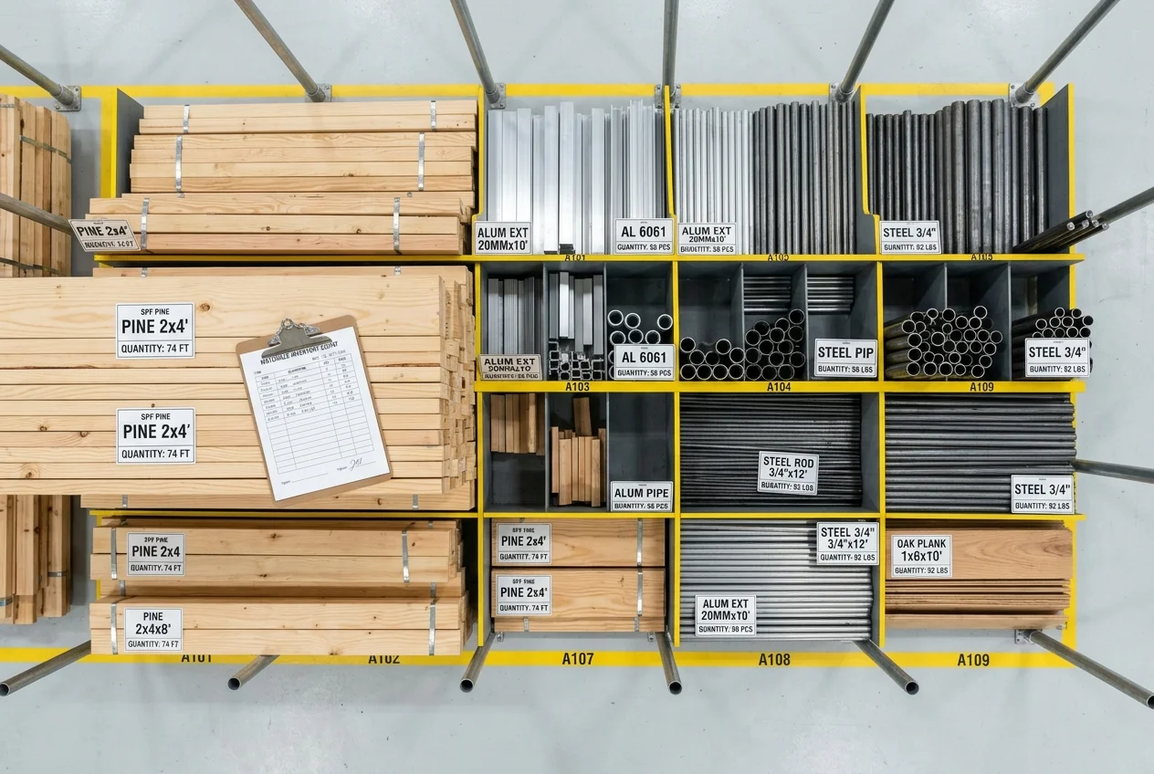 Optimized Manufacturing Inventory Management with Seradex ERP Overhead view of a warehouse floor with neatly organized raw materials, wood and metal stock, labeled with quantity tags for accurate inventory control.