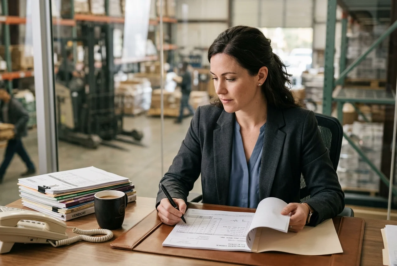 Optimized Purchasing: Streamlining Manufacturing Procurement Purchasing manager reviewing a printed purchase order, showcasing organized procurement and inventory control in manufacturing.