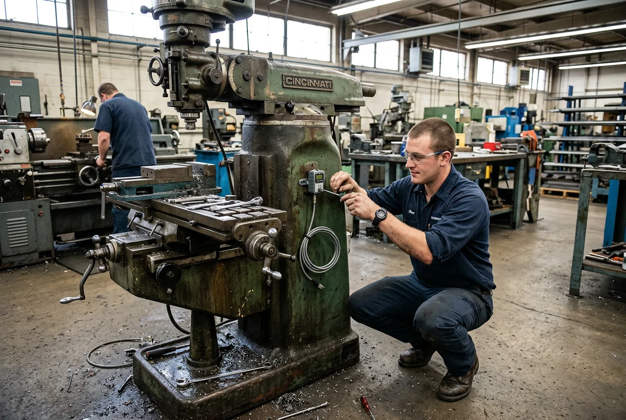 Shop Floor Technician Installs Sensor on Legacy Machine Technician installing small sensor device onto an older industrial milling machine on a busy shop floor for production monitoring.