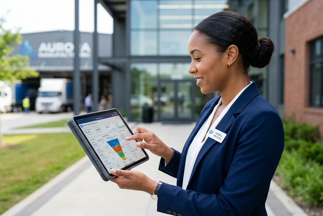Mobile CRM Dashboard for Manufacturing Sales with ERP Sales professional using a digital tablet with a mobile CRM dashboard inside a modern manufacturing facility, showcasing Seradex ERP integration.