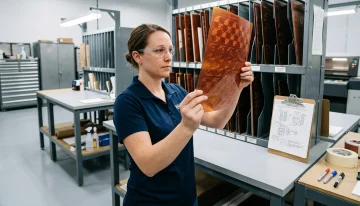 Female prepress technician inspects a flexographic printing plate for manufacturing quality in a modern facility.
