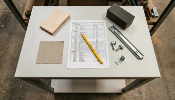 Bill of Materials (BOM) document and furniture components on a workbench, showcasing manufacturing production accuracy.