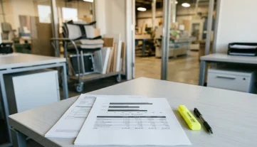 Financial report on a modern desk in a furniture manufacturing office, showing cost analysis, relevant for ERP software.