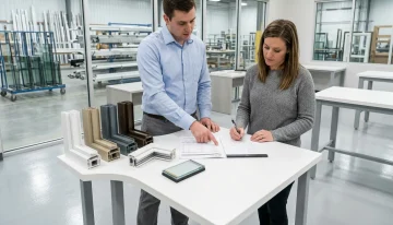 Sales coordinator and dealer representative review a quote package and window samples in a manufacturing facility.