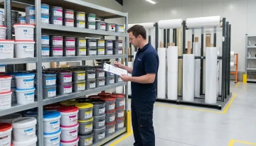 Warehouse worker in a modern printing facility checking ink and substrate inventory, showcasing organized production planning and materials management.