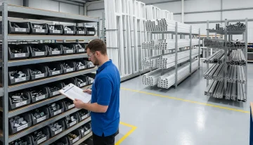 Worker checking inventory in a clean window manufacturing facility, organized with hardware and profile extrusions, showing efficient production planning and inventory control with ERP.