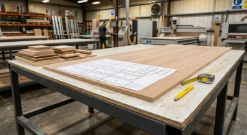 Worker's steel-frame production workbench with a printed panel nesting layout, plywood sheet, tape measure, and pencil inside a modern furniture manufacturing facility