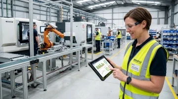 Operations manager checking real-time production analytics on a tablet with ERP software in a modern manufacturing facility.