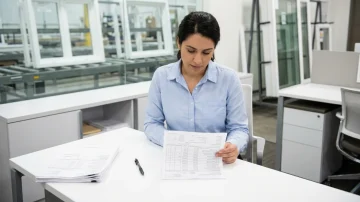 Female employee reviewing a printed order form at a clean desk in a window manufacturing office, with the production floor blurred in the background.