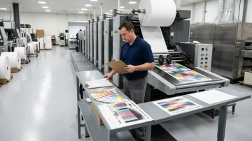 A press operator checks a run sheet beside a modern flexographic printing press, ensuring precise color and quality control in a manufacturing plant.