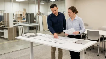 Manufacturing managers review production plan for furniture assembly, emphasizing project management and shop floor efficiency with Seradex ERP.