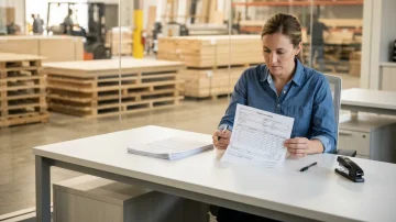 Female purchasing manager reviews a printed purchase order at her desk in a manufacturing office, with blurred warehouse in background.