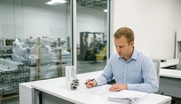 Manufacturing employee reviews a vendor delivery schedule for window components in a modern office, highlighting production planning.