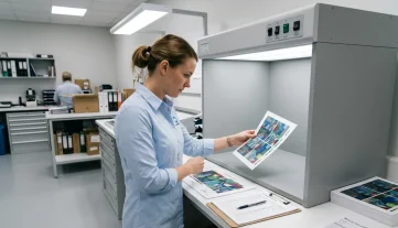 Female quality control technician inspects printed materials for color accuracy in a manufacturing facility's QC area.