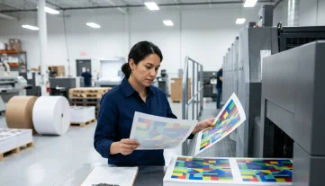 Female press operator comparing print proof with freshly printed sheet for quality control in a modern manufacturing facility assisted by ERP.