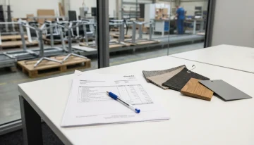 Manufacturing quote with material samples next to an active production floor, illustrating Seradex ERP's integration.